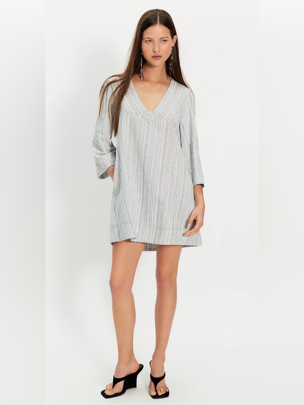 Free People Linen Blend Striped Tunic Dress Blue White Size M NWT